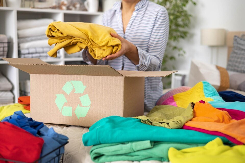 Woman placing bright colored clothing into a recycling box promoting sustainable fashion