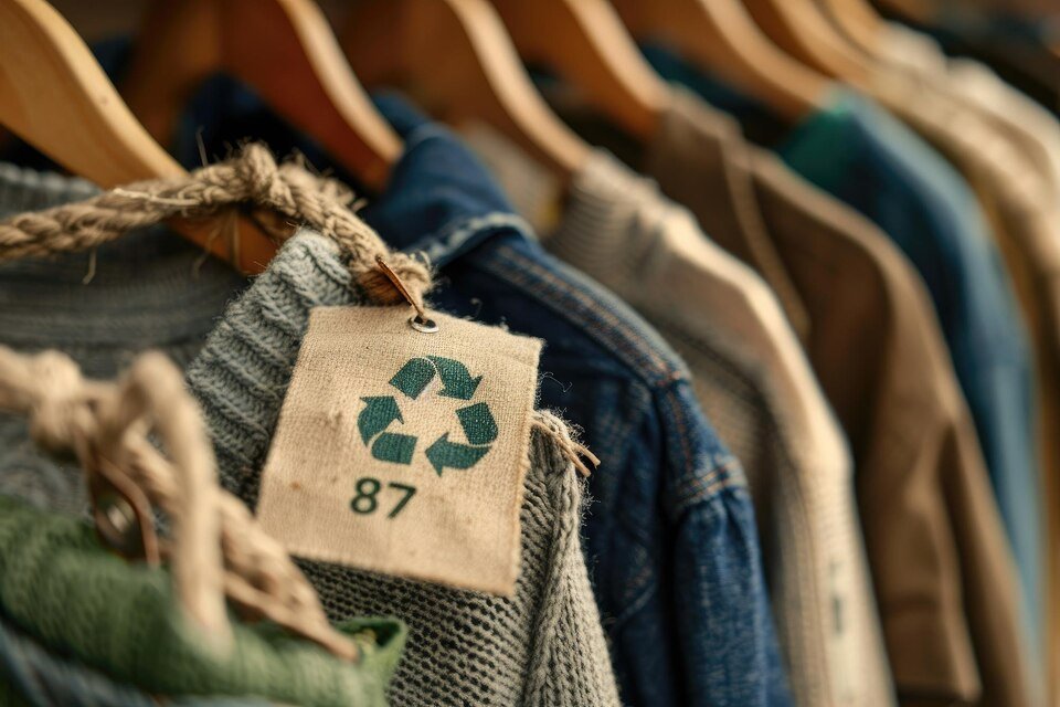 Sustainable fabric recycling tag on clothing representing eco-friendly textile practices