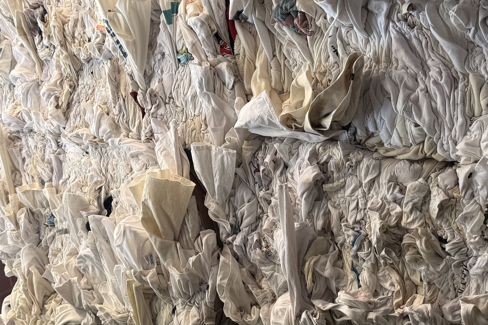Baled white cotton wiper rags at the US Dynamics Houston facility